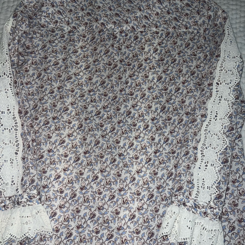 ME+EM Cotton Voile Sweet Pea Floral Printed Blouse White Crochet Trim US 10 NWOT - Picture 12 of 12